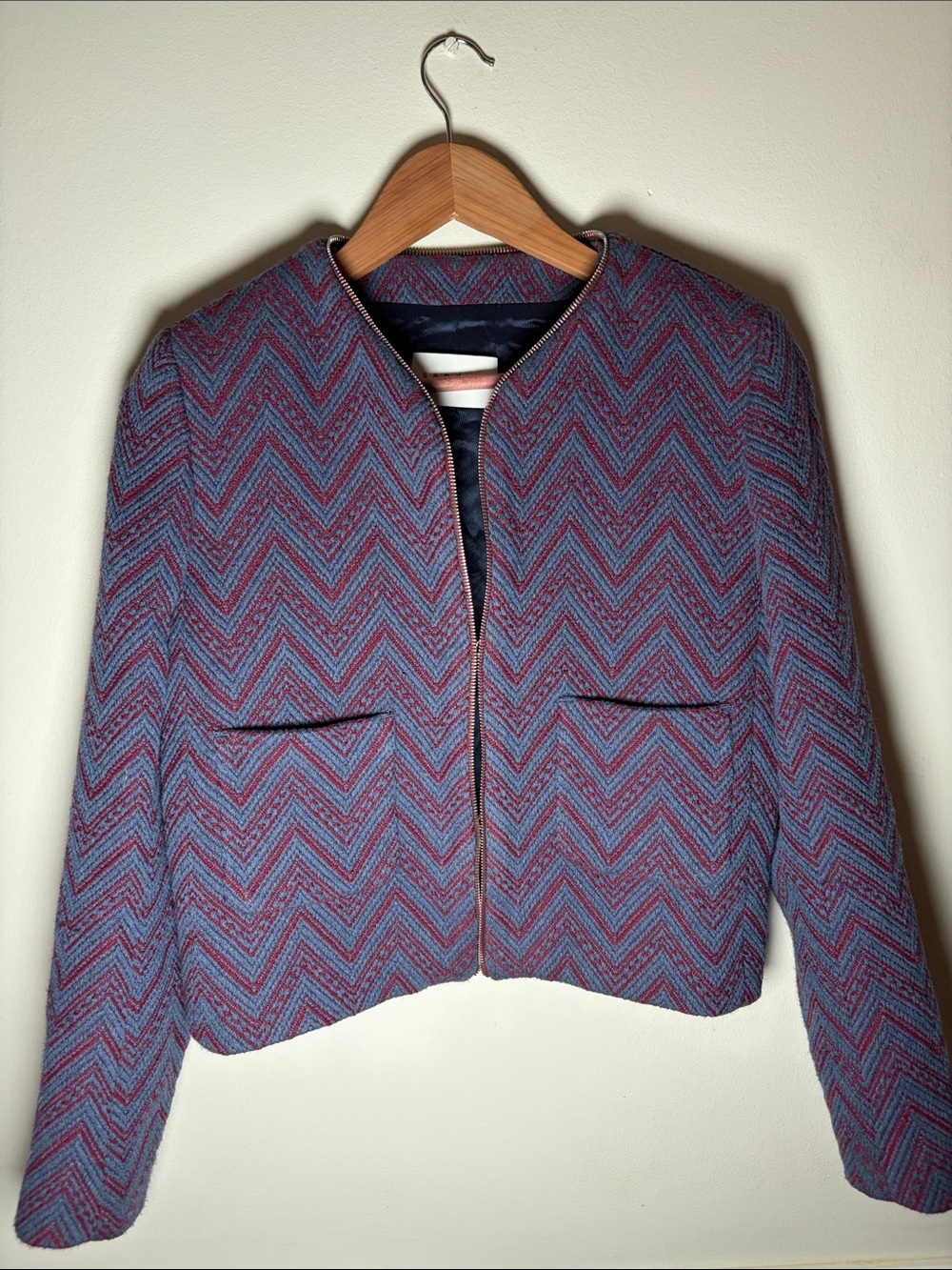 Sandro Paris Andy Cropped Purple Jacquard Knit Blazer Chevron Print